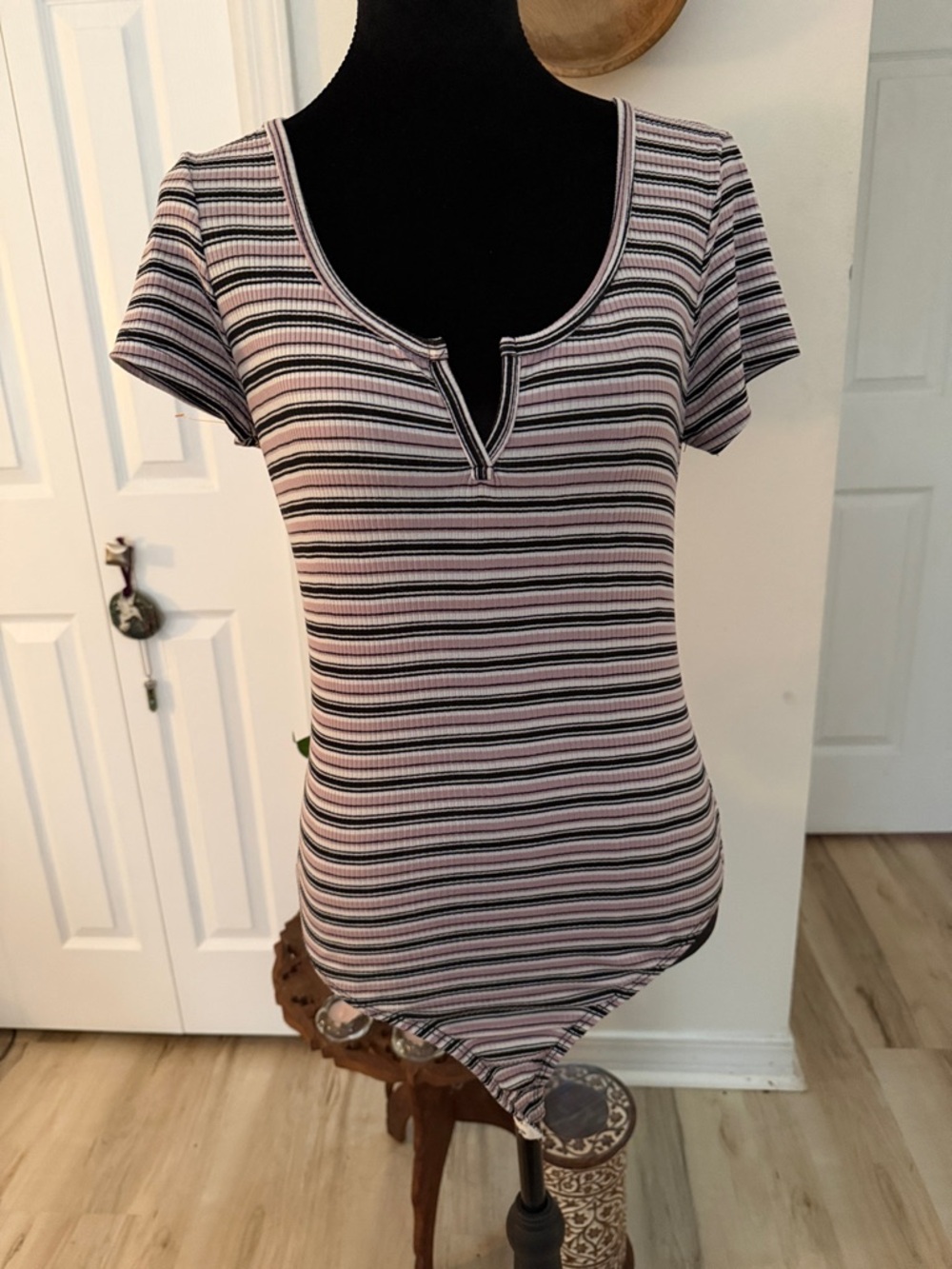 Y2K Striped Pink & Black Ribbed Scoop Bodysuit
